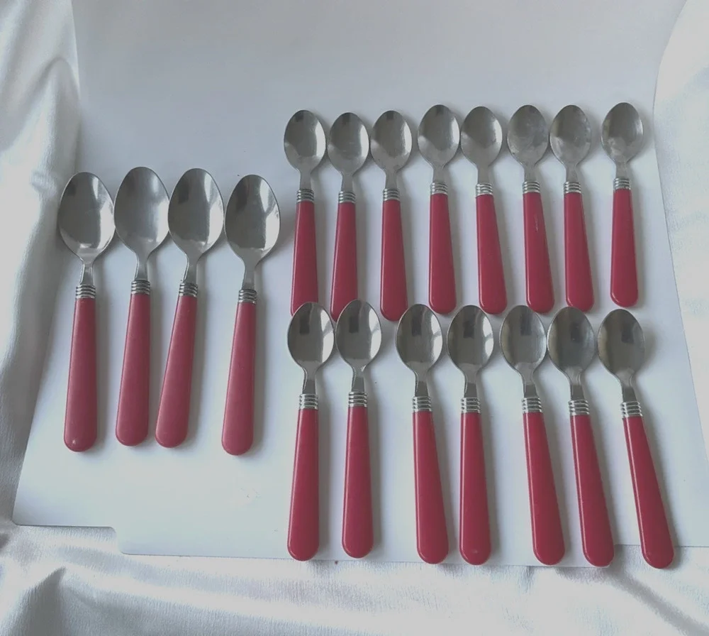 19pc Red Handle Stainless Steel Tablespoon Teaspoon Lot Retro MCM